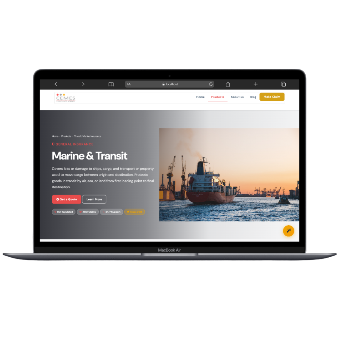 Purchase a policy online — laptop showing CEMES Marine and Transit insurance